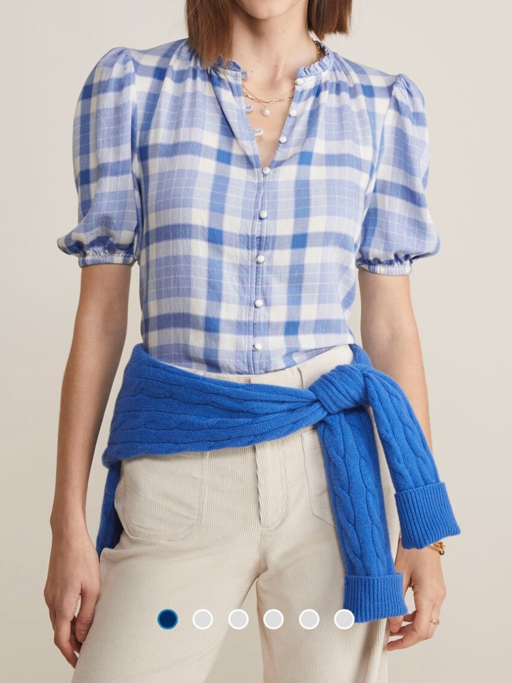 Vineyard Vines Ruffle Neck Puff-Sleeve in DW Plaid Calm Water, Cotton Blend, XXL